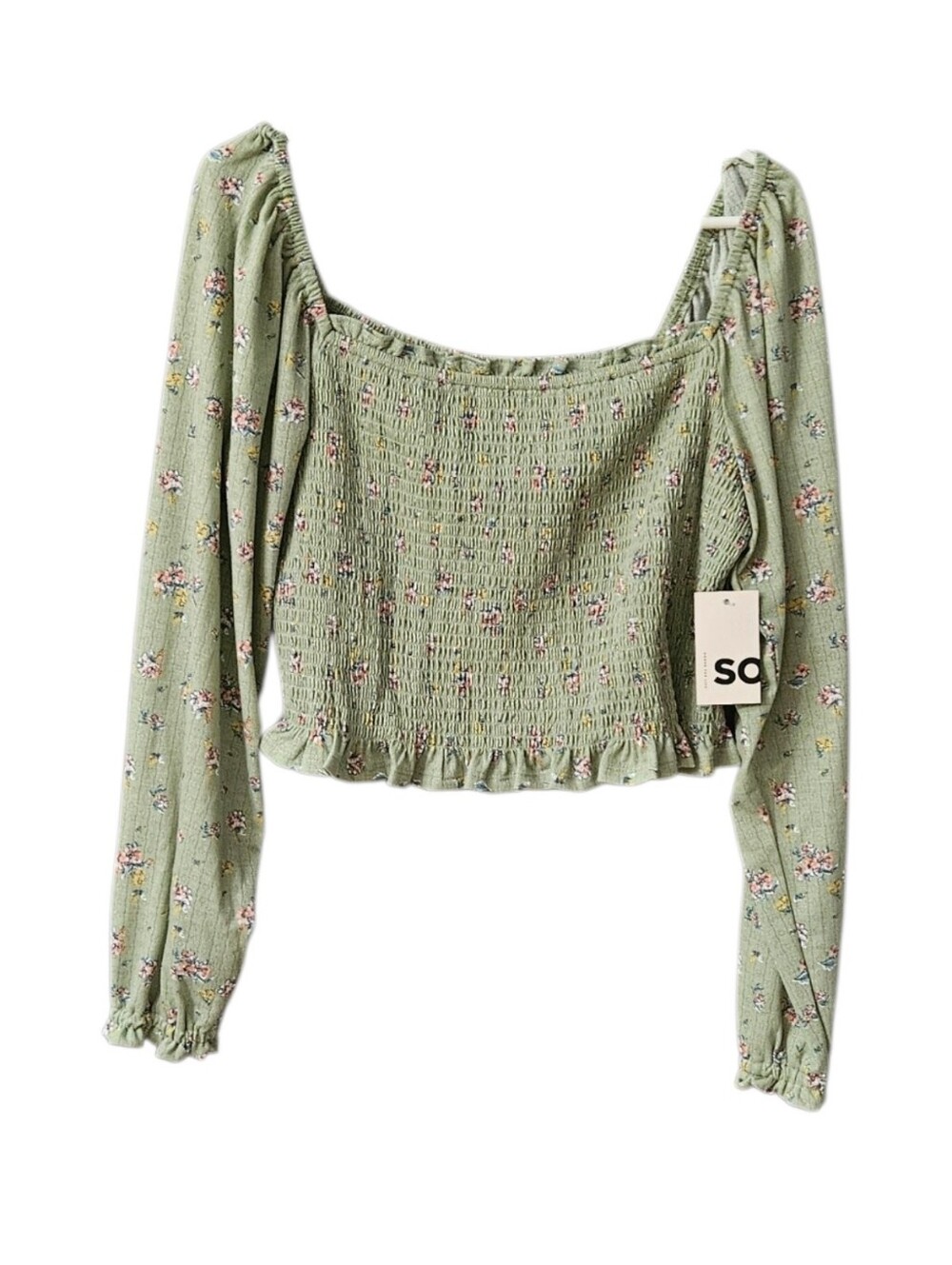 SO Long Sleeve Floral Smock Top NEW Women XL Ruffle Green